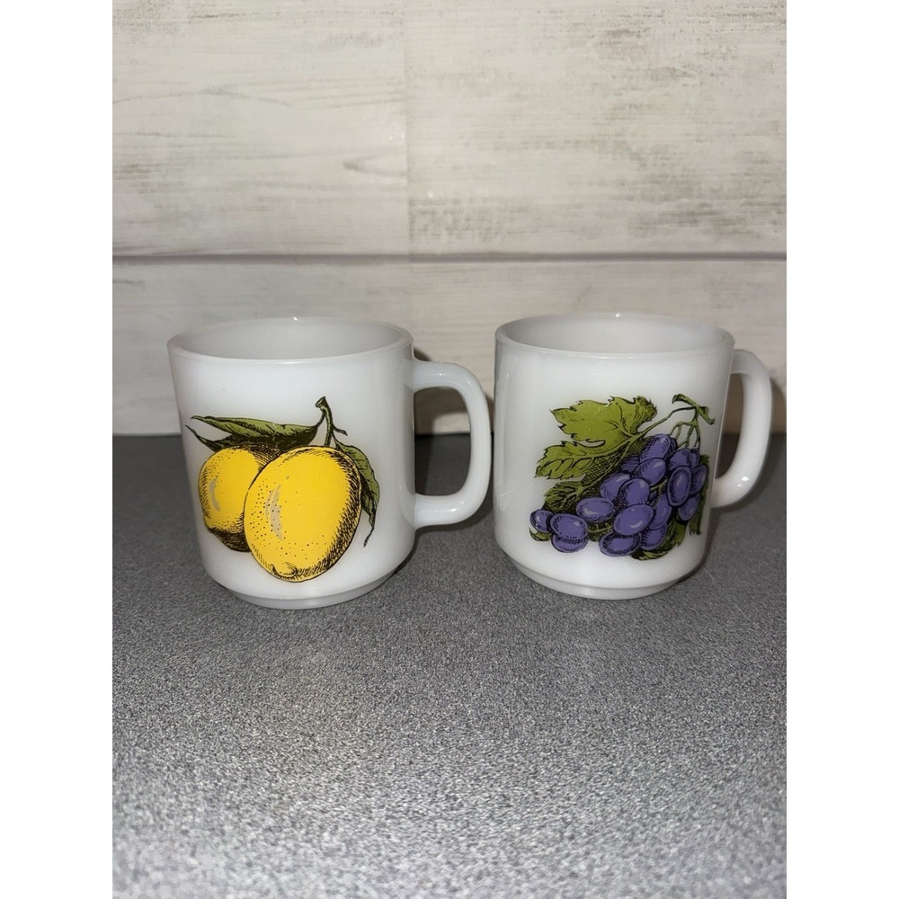 VINTAGE GLASBAKE Grapes & LEMON COFFE/TEA MUG CUP, MILK WHITE, SET OF 2